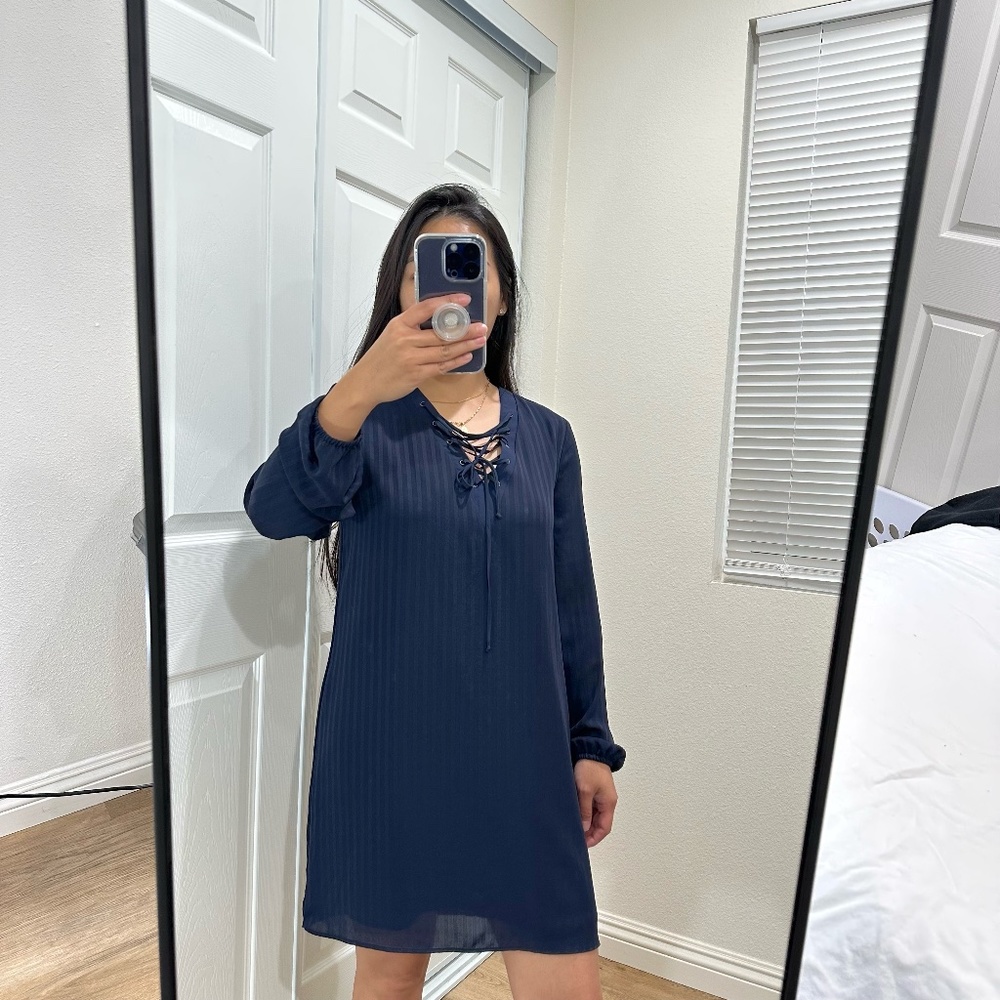 BCBGENERATION STRIPED LACE-UP LONG SLEEVE DRESS